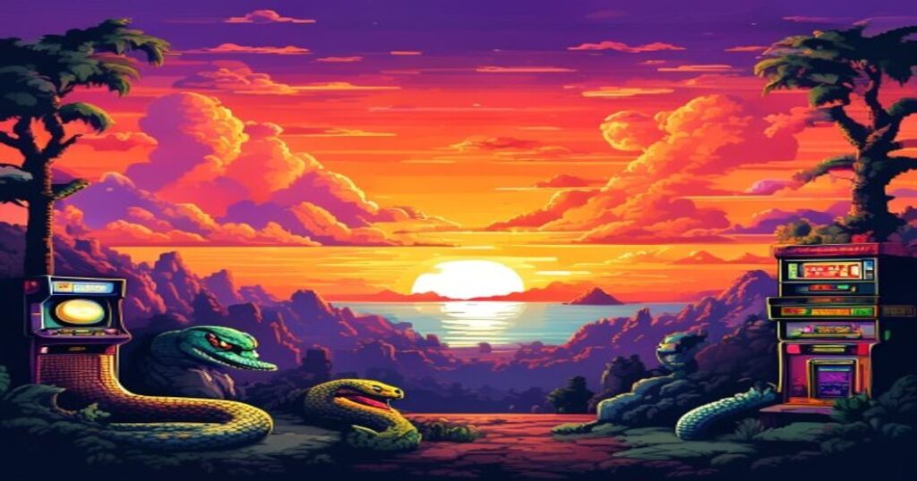 Retro pixel art timeline showing the evolution of skill games from arcade Snake to modern Coreball