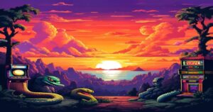 Retro pixel art timeline showing the evolution of skill games from arcade Snake to modern Coreball